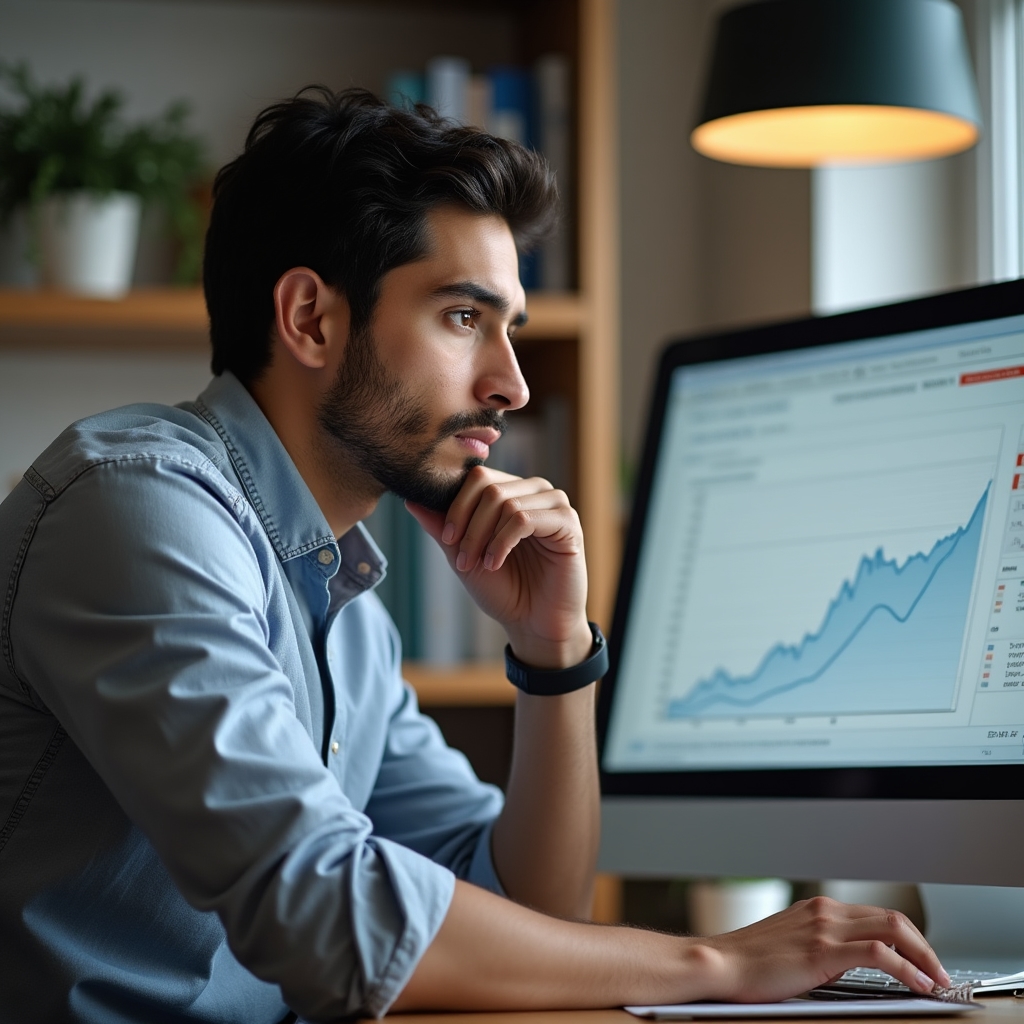 Persona analizando un gráfico de consumo energético en una laptop sobre una mesa de madera