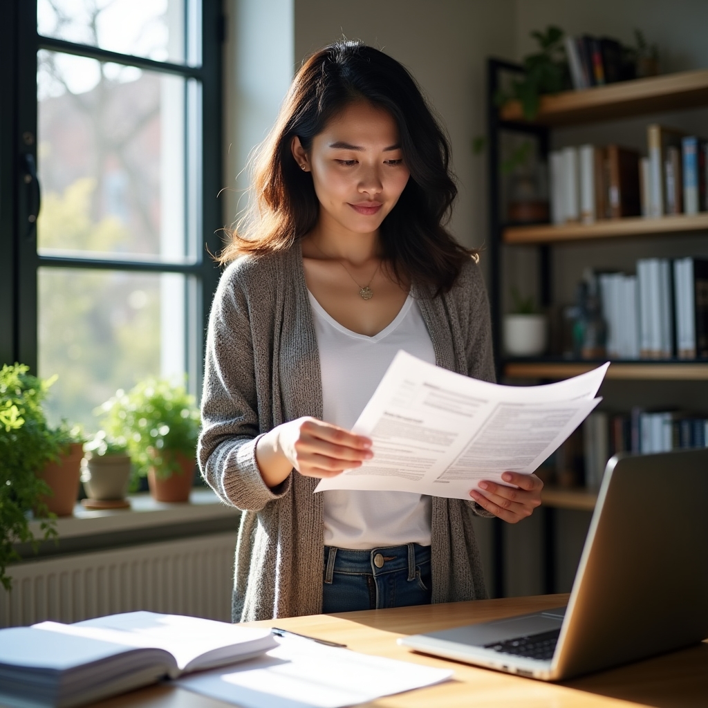 Persona trabajando en un escritorio con notas sobre eficiencia energética y una carpeta de normativa